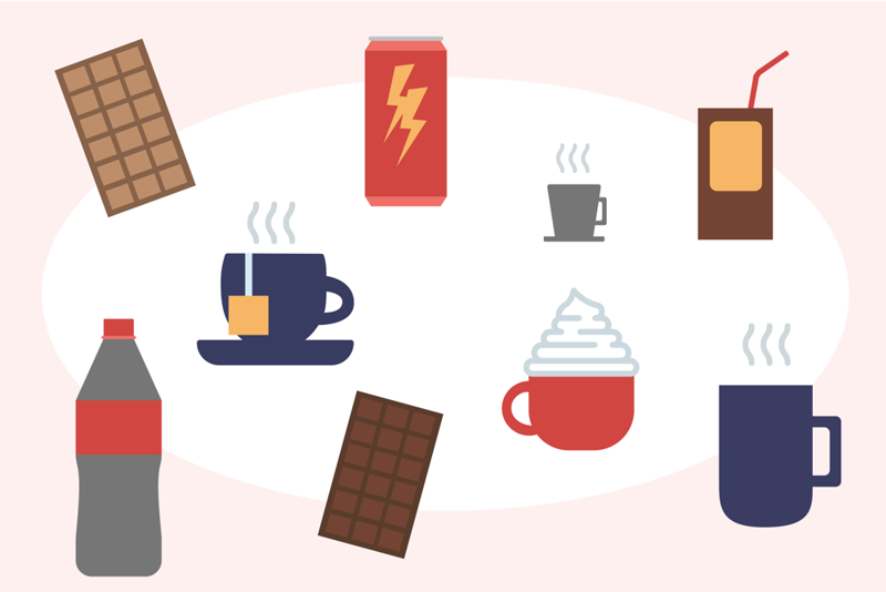 illustrasjon av diverse koffeinholdige drikker som kaffe, espresso, kakao, sjokolade, energidrikk og så videre